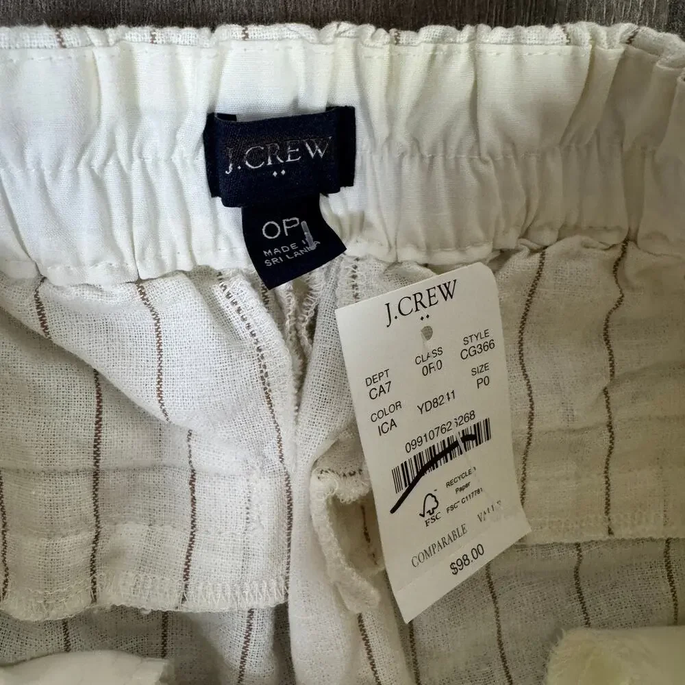 J.Crew Linen-Cotton Blend Sailor Pants Womens Size 0 Petite White Brown Striped